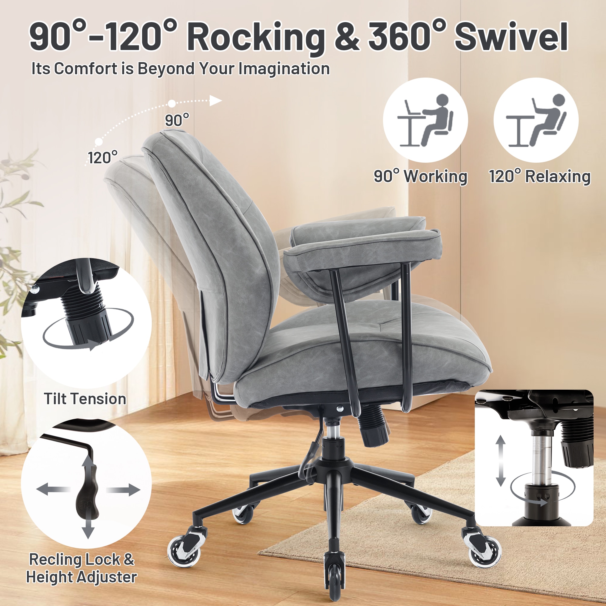 Retro Leather Office Chair With Lumbar Support And Rolling Wheels_voghion.com